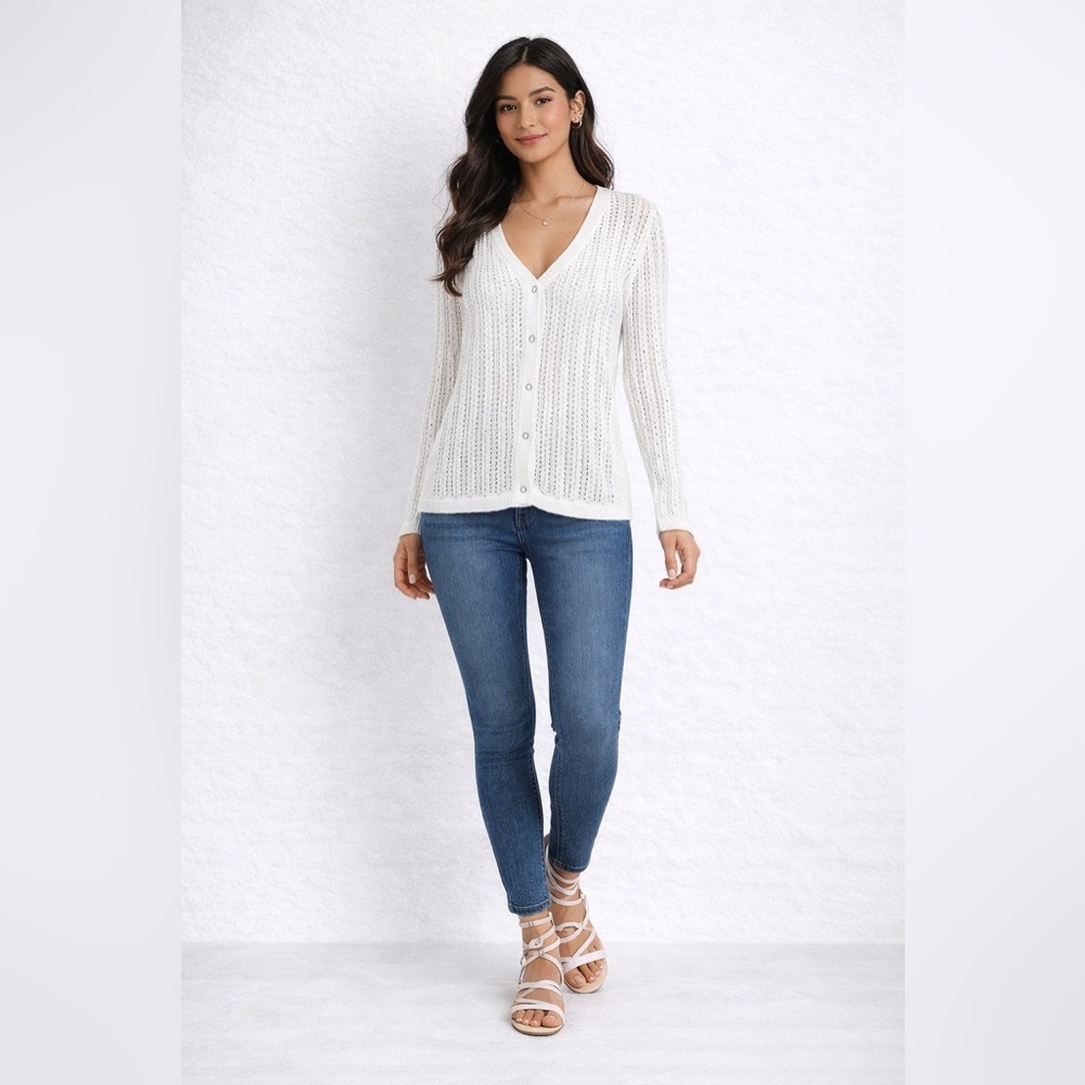 Lafayette 148 Hemp White Open Knit Cardigan Size XL Button Front Sweater Chic - Picture 2 of 15